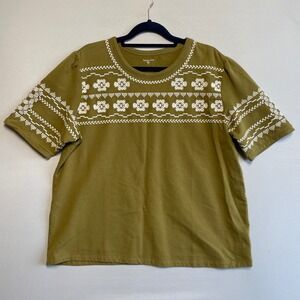 Garnet Hill Khaki Floral Embroidered Top